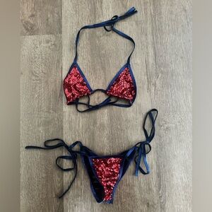 Red Sequin Triangle Bikini with Navy Trim